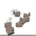 Modern Geometric Display Shelves With Glass Cases And Tree Branch Decorations