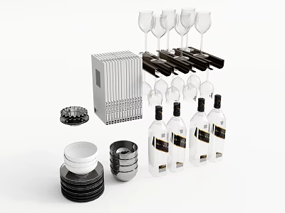 Complete Dinnerware Set With Plates Bowls Wine Glasses Cutlery And Bottles For Dining 3d model