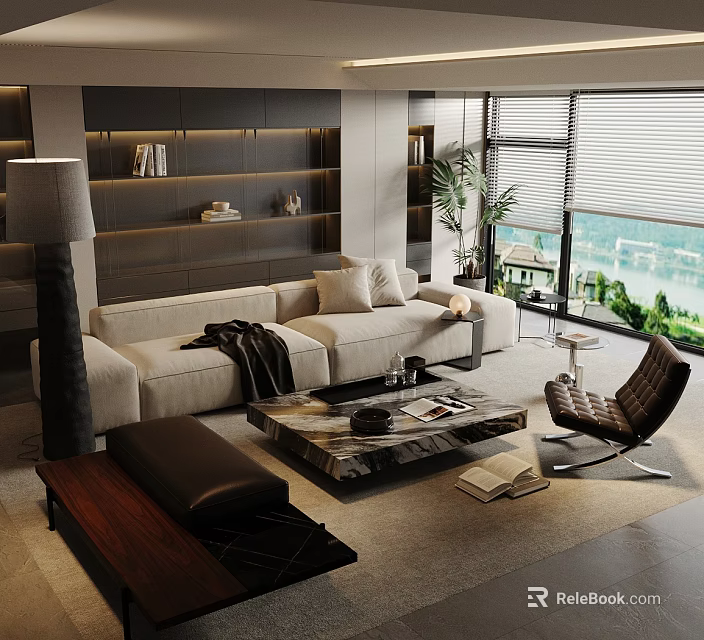 Modern Light Luxury Fabric Sofa And Marble Coffee Table Combination For Spacious Cozy Living Room 3d model 