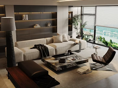 Modern Light Luxury Fabric Sofa And Marble Coffee Table Combination For Spacious Cozy Living Room 3d model