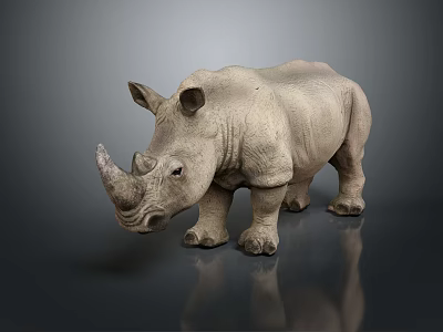 Gray Rhinoceros Standing on Shiny Reflective Surface with Neutral Gray Background 3d model