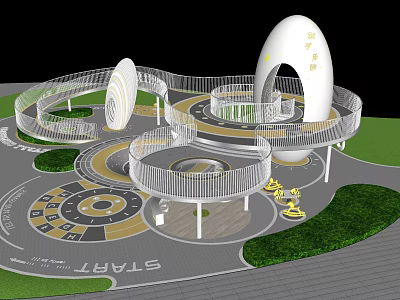 Kids Playground Design With Modern Spiral Structure White Egg Building Circular Ground And Green Lawn 3d model