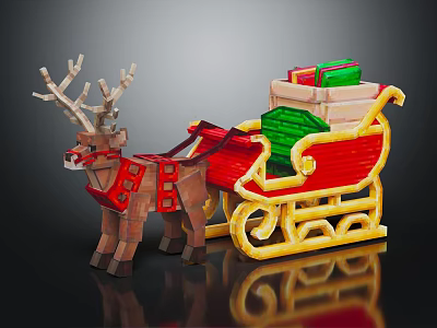Decorated Brown Reindeer Pulling Red Sleigh With Stacked Green Gifts And Gold Trim 3d model