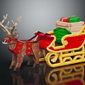 Decorated Brown Reindeer Pulling Red Sleigh With Stacked Green Gifts And Gold Trim