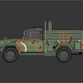 Camouflage Military Truck with Open Cargo Bed and Roof Rack Design