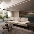 Modern Cozy Minimalist Living And Dining Room With Warm Wooden Furniture And Ample Natural Light