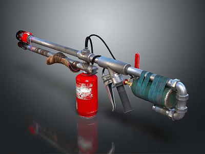 Industrial Fire Fighting Tool With Metal Pipe Red Extinguisher And Spray Nozzle 3d model