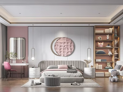 Pink Kids Room Interior With Bed Bookshelf Toys Mirror And Pendant Lights 3d model
