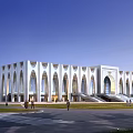 Modern Symmetrical Architectural Building With Arched Windows Central Entrance And Water Pool Plaza