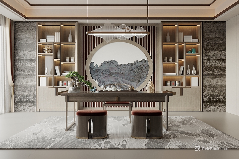 Modern Tea Room Interior With Round Decorative Painting Bookshelves And Red Cushioned Stools 3d model 