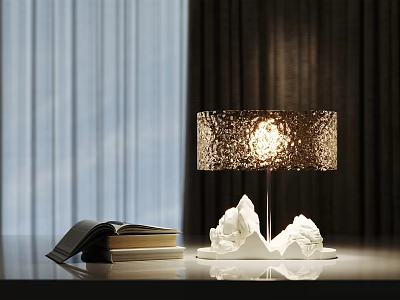 Table Lamp with White Sculptural Base and Textured Glowing Shade on Table with Books 3d model