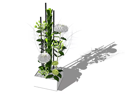 Bonsai Potted Plant With Green Leaves White Flowers Black Stems And White Square Base 3d model