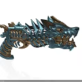 Intricate Wolf Head Design Weapon With Blue And Gold Mechanical Spikes And Gears