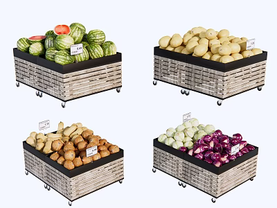 Mobile Fruit Vegetable Display Shelves With Wooden Frame And Black Surface 3d model