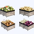 Mobile Fruit Vegetable Display Shelves With Wooden Frame And Black Surface 3d model