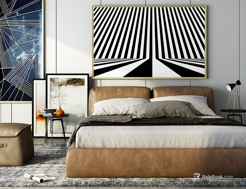 Brown Upholstered Double Bed with Decorative Pillows Side Table Lamp and Black White Striped Art 3d model 