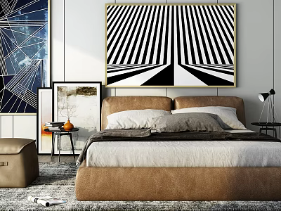 Brown Upholstered Double Bed with Decorative Pillows Side Table Lamp and Black White Striped Art 3d model