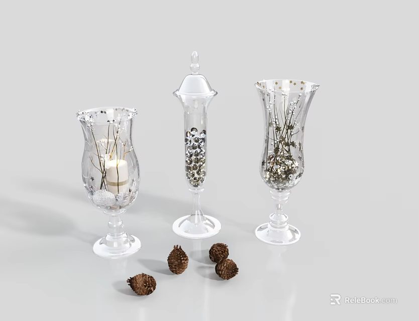 Home Decor Clear Glass Ornament Set with Tall Stem Design and Brown Decorative Balls 3d model 