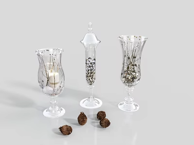 Home Decor Clear Glass Ornament Set with Tall Stem Design and Brown Decorative Balls 3d model