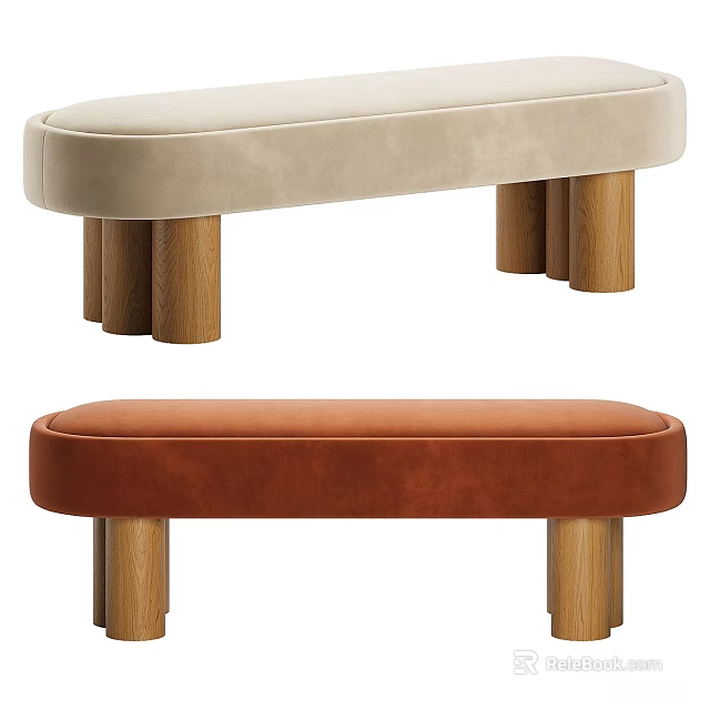 Modern Upholstered Sofa Bench With Round Wooden Legs In Beige And Brown Colors 3d model 