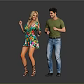 Dancing Couple In Colorful Dress And Green T Shirt With Jeans On Gray Background