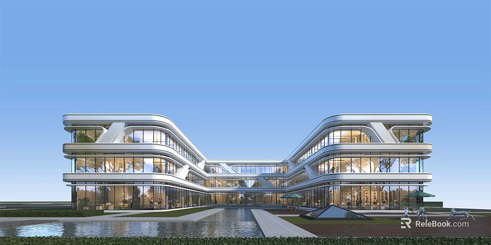 Modern Commercial Street Architecture With Glass Curtain Walls Open Layout And Landscaped Water Feature 3d model 