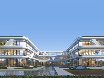 Modern Commercial Street Architecture With Glass Curtain Walls Open Layout And Landscaped Water Feature 3d model