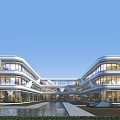 Modern Commercial Street Architecture With Glass Curtain Walls Open Layout And Landscaped Water Feature