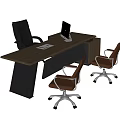 Modern Office Desk with Wooden Top Computer Monitor and Three Rolling Leather Office Chairs