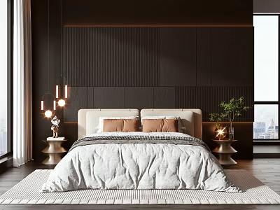 Double Bed In Modern Bedroom With Dark Wooden Wall Hanging Pendant Lights And White Bedding 3d model