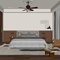Modern Bedroom Interior With Wooden Wardrobes Gray Bedspread Ceiling Fan Blinds And Wooden Flooring