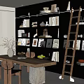 Stylish Study Room Interior With Black Bookshelves Wooden Table Ladder Window Blinds And Decorative Items