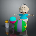 Cartoon Baby Character With Baby Bottle Rattle And Colorful Ball Toys