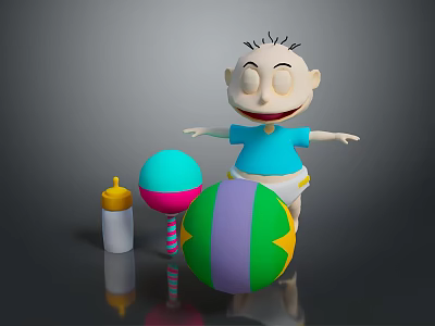 Cartoon Baby Character With Baby Bottle Rattle And Colorful Ball Toys 3d model