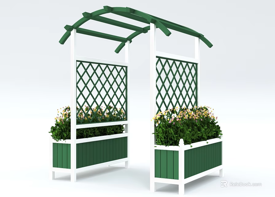 Garden Arbor With Green And White Frame Lattice Design And Flower Planters 3d model 