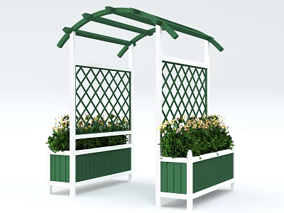 Garden Arbor With Green And White Frame Lattice Design And Flower Planters 3d model