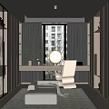 Spacious Modern Walk in Closet Interior With White Cabinets Round Mirror And Seating Area