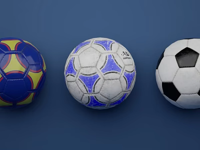 Three Soccer Balls in Blue Yellow Blue White and Black White Colors on Blue Background 3d model