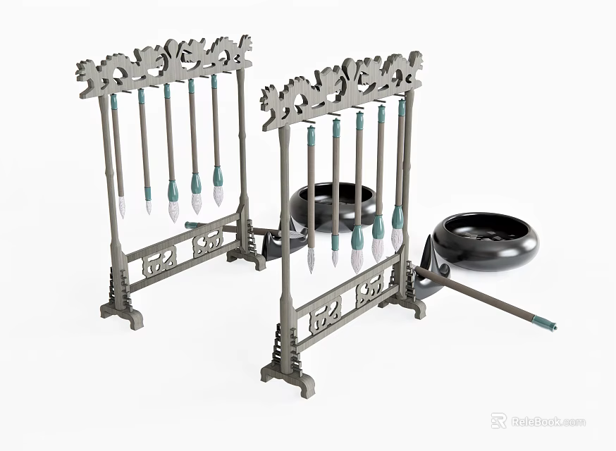 Classic Decorative Ornament Set with Intricate Carved Stands Feather Accents and Black Bowl 3d model 