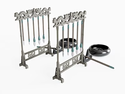 Classic Decorative Ornament Set with Intricate Carved Stands Feather Accents and Black Bowl 3d model