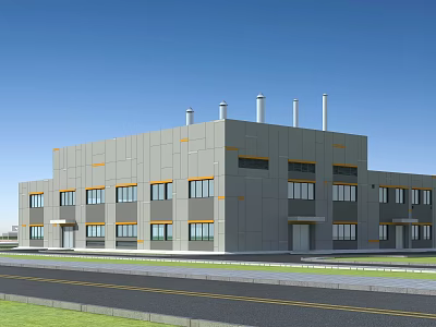 Modern Industrial Factory Building With Gray Exterior Multiple Windows And Roof Chimneys 3d model
