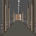 Elevator Corridor With Wooden Door Frames Handrails And Bright Lighting 3d model