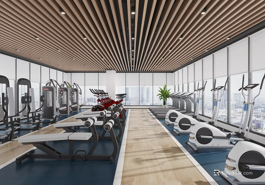 Modern Gym Interior With Fitness Equipment Wooden Ceiling And Natural Light 3d model 