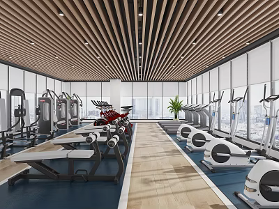 Modern Gym Interior With Fitness Equipment Wooden Ceiling And Natural Light 3d model