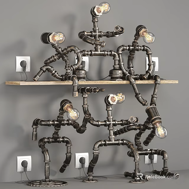 Industrial Style Table Lamp with Metal Pipe Construction Multiple Bulbs Unique Design Wall Mounted Shelf 3d model 