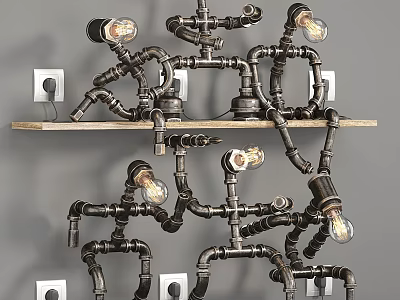 Industrial Style Table Lamp with Metal Pipe Construction Multiple Bulbs Unique Design Wall Mounted Shelf 3d model