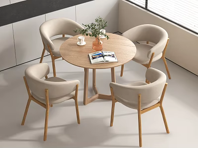 Light Colored Leisure Chairs Around Round Wooden Table With Vase And Magazines 3d model