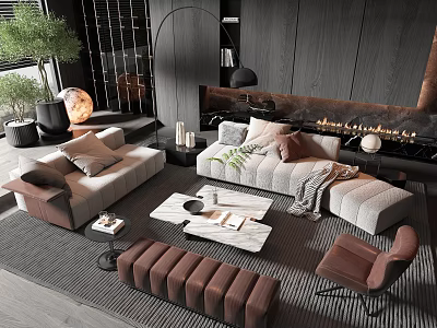 Modern Luxury Living Room Interior With Sofa Coffee Table Set And Fireplace 3d model