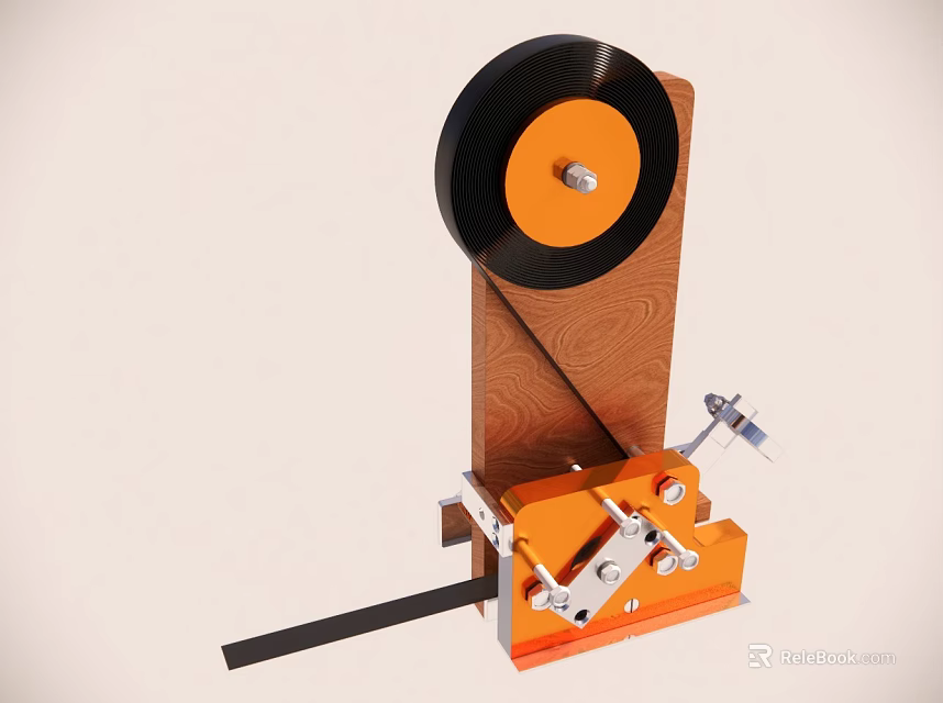 Vintage Mechanical Device With Wooden Base And Black Disc Wheel 3d model 