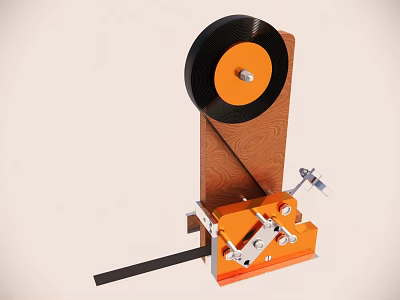 Vintage Mechanical Device With Wooden Base And Black Disc Wheel 3d model
